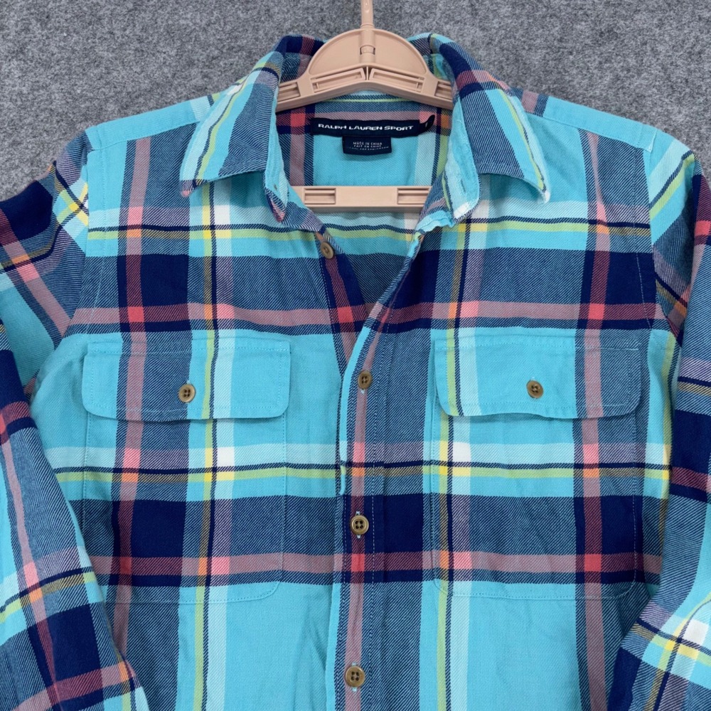 Ralph Lauren Sport Womens Blue Pink Plaid Flannel Button Down Shirt Size 8